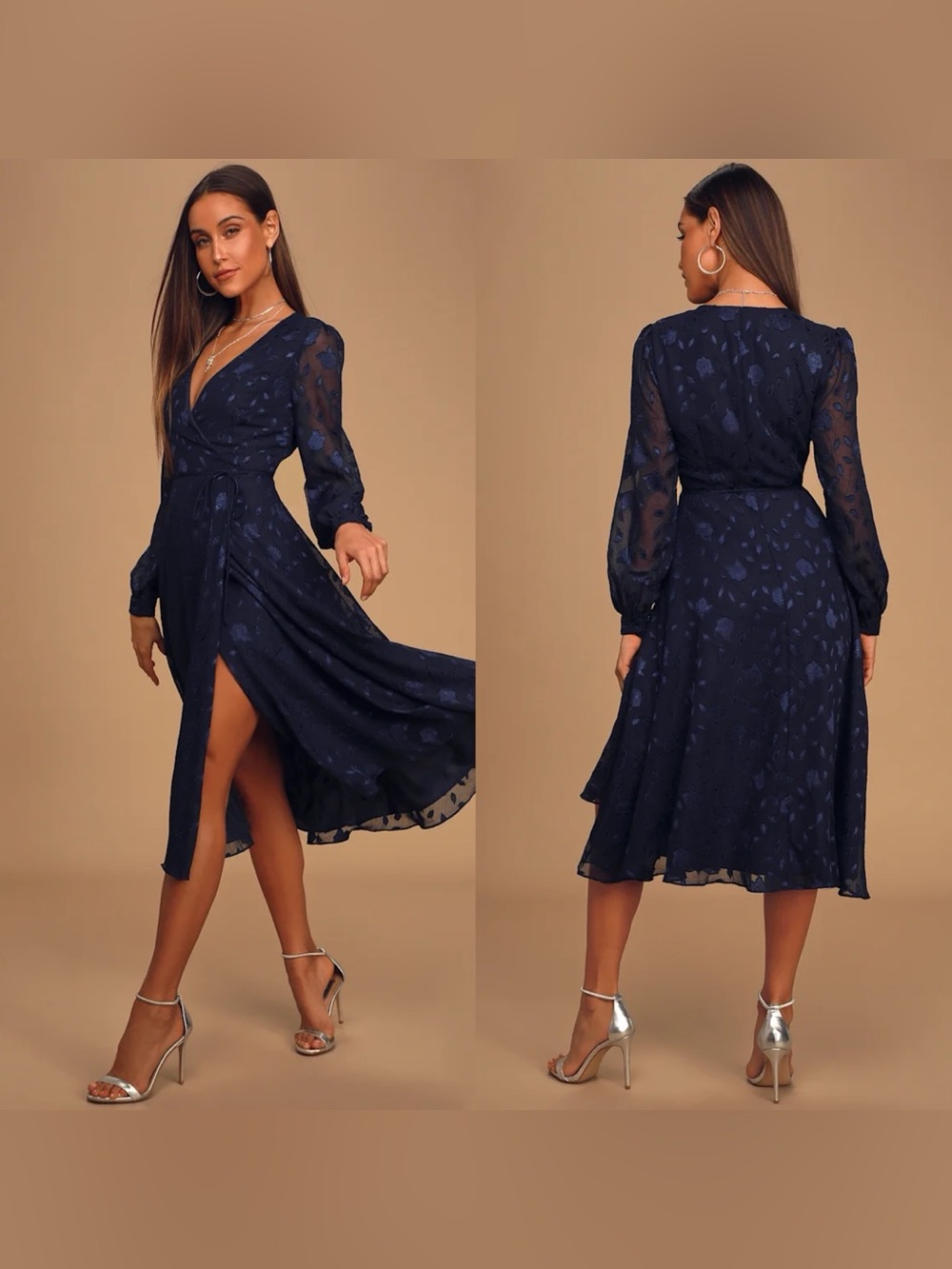 LULUS NEW Floral Jacquard Wrap Midi Dress Sheer Sleeves Small Dark Blue